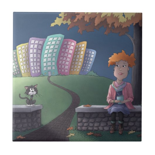 Katze Lady im Park Keramik Tile Fliese (Vorderseite)