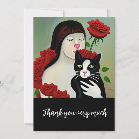 Katze Lady mit schwarz-weißer Katze und Rose Dankeskarte (Vorderseite)