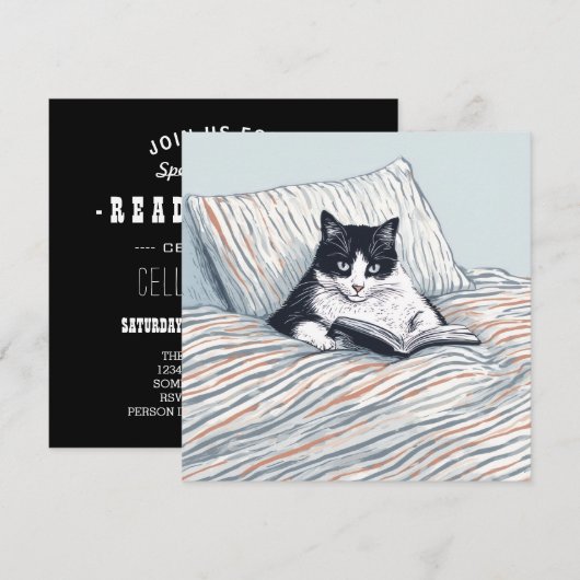 Katze lesend im Bett Einladung (Vorne/Hinten)