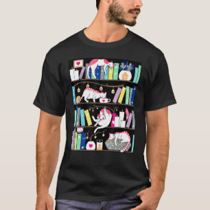 Katze liegt auf Bücherregal Buch Kätzchen Minimali T-Shirt