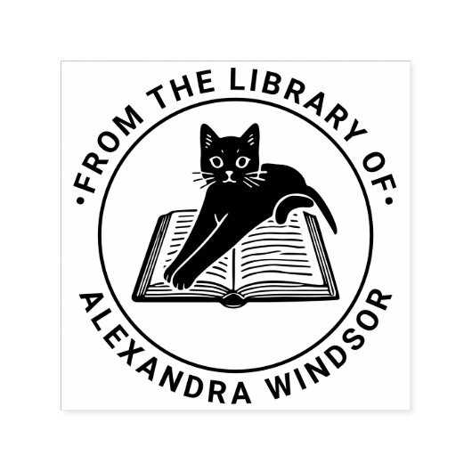 Katze liegt auf offenem Buch - Bibliotheksbuchname Permastempel (Design)