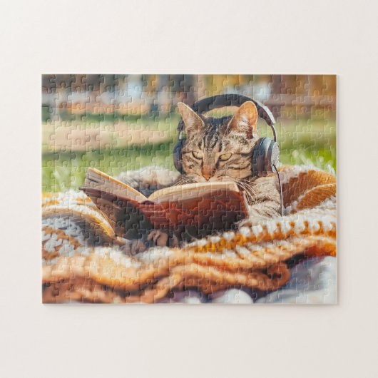 Katze liest Buch auf gestrickter Decke Puzzle (Horizontal)