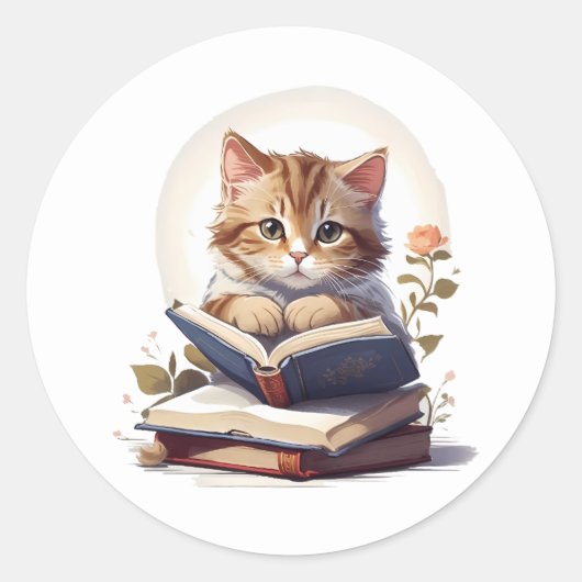 Katze liest ein Buch Runder Aufkleber (Vorderseite)