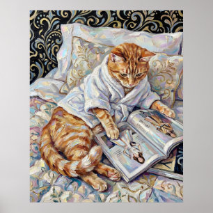 Katze liest im Bett Süße Wandkunst Poster Druck