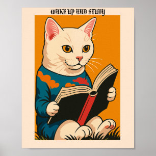 Katze liest mit einem Buch — Wach auf und studiere Poster