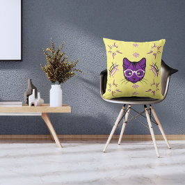 Katze Lila weiß und schwarz, modern hellgelb Kissen