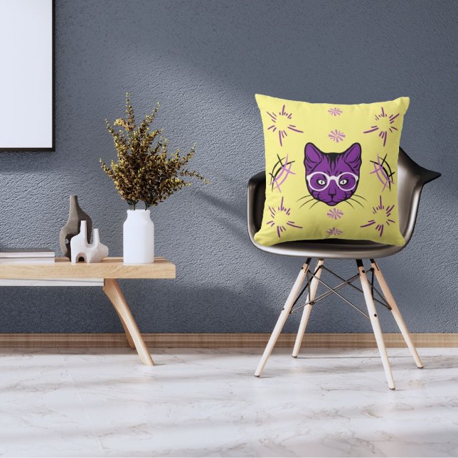Katze Lila weiß und schwarz, modern hellgelb Kissen (Von Creator hochgeladen)