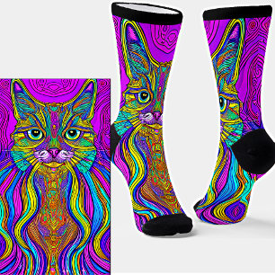 Katze Line Illustration Blue & Yellow Cat auf Lila Socken