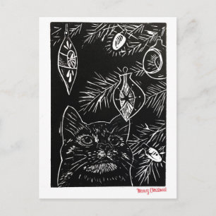 Katze Linolschnitt Weihnachts-Postkarte Feiertagspostkarte