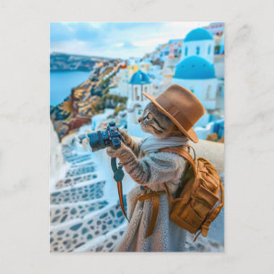 Katze macht Fotos in Santorini Feiertagspostkarte