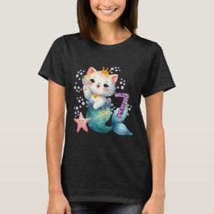 Katze Meerjungfrau 7. Geburtstag 7 Jahre Altes Par T-Shirt
