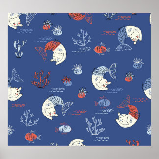 Katze Meerjungfrau, texturiert nahtlos Muster. Poster