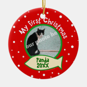 Katze mein erstes Weihnachtsrotes und grünes Keramik Ornament