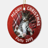 Katze "Meowy Christmas" 2-seitige, 2-Foto-Rot Keramikornament (Links)