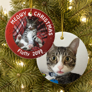 Katze "Meowy Christmas" 2-seitige, 2-Foto-Rot Keramikornament