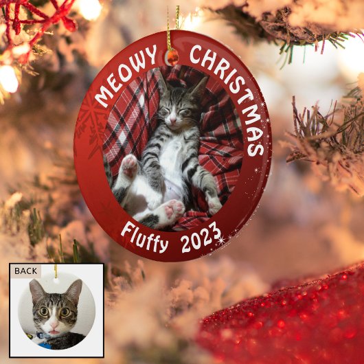 Katze "Meowy Christmas" 2-seitige, 2-Foto-Rot Keramikornament