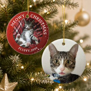 Katze Meowy Weihnachten 2 Fotos Rot Keramik Ornament