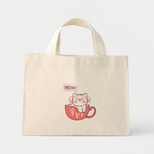 Katze miauen in einer Tasse Mini Stoffbeutel