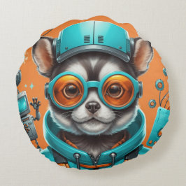 Katze mit Aqua-Orange-Gläser, Baumwollsorte A Rundes Kissen