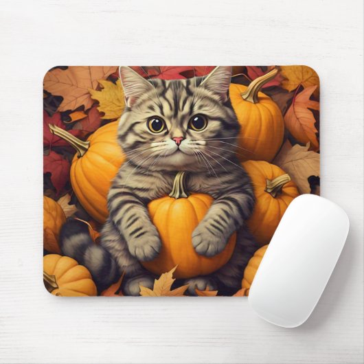 Katze mit Autumn Leaves und Pumpkins Mouse Pad Mousepad (Mit Mouse)