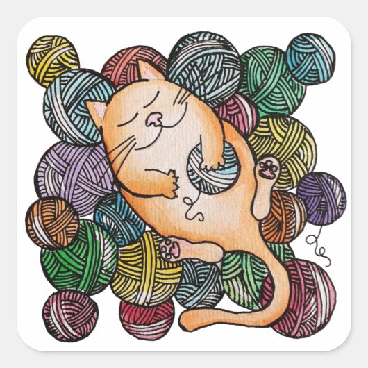 Katze mit Ball of Yarn Fun Cartoon Quadratischer Aufkleber (Vorderseite)