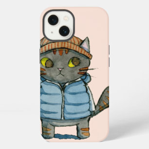 Katze mit Beanie und Daunenweste Aquarell iPhone Hülle