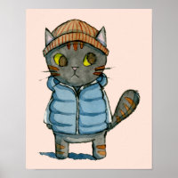 Katze mit Beanie und Down Vest Wasserfarbe