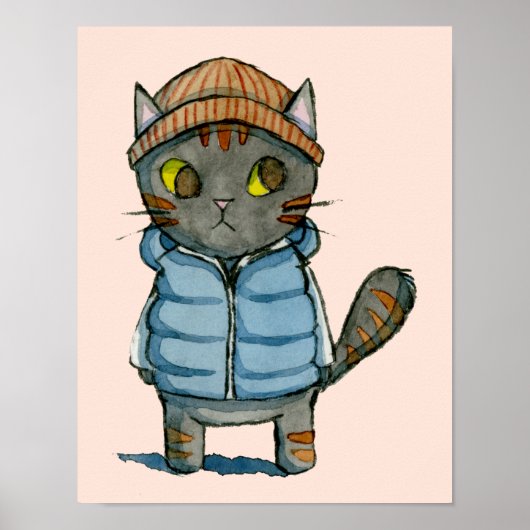Katze mit Beanie und Down Vest Wasserfarbe Poster (Vorne)