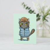 Katze mit Beanie und Down Vest Wasserfarbe Postkarte (Stehend Vorderseite)
