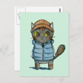 Katze mit Beanie und Down Vest Wasserfarbe Postkarte (Vorne/Hinten)
