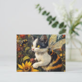 Katze mit Bienen und Blume Postkarte (Stehend Vorderseite)