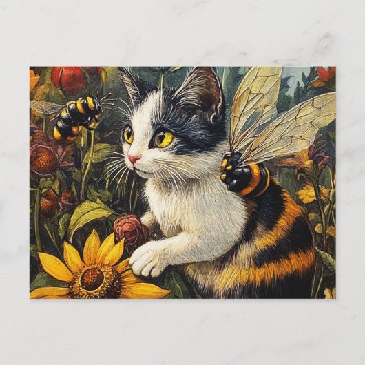 Katze mit Bienen und Blume Postkarte (Vorderseite)
