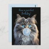 Katze mit blauen Augen, die einen blauen Kaugummi Postkarte (Vorne/Hinten)