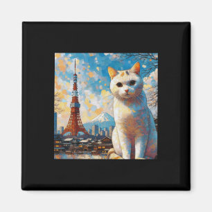 Katze mit Blick auf den Tokioter Turm mit dem Fuji Magnet