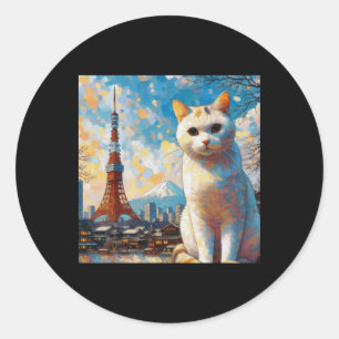 Katze mit Blick auf den Tokioter Turm mit dem Fuji Runder Aufkleber