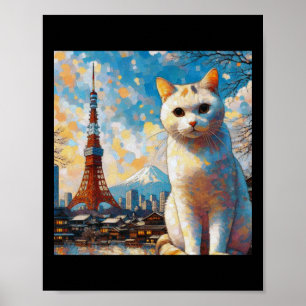 Katze mit Blick auf den Tokioter Turm mit Fuji im  Poster