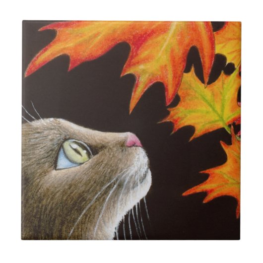 Katze mit Blick auf Herbstblätter Katze 442 Fliese (Vorderseite)