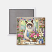 Katze mit Blume Happy Birthday Zeichen Magnet (Vorderseite/Rückseite)