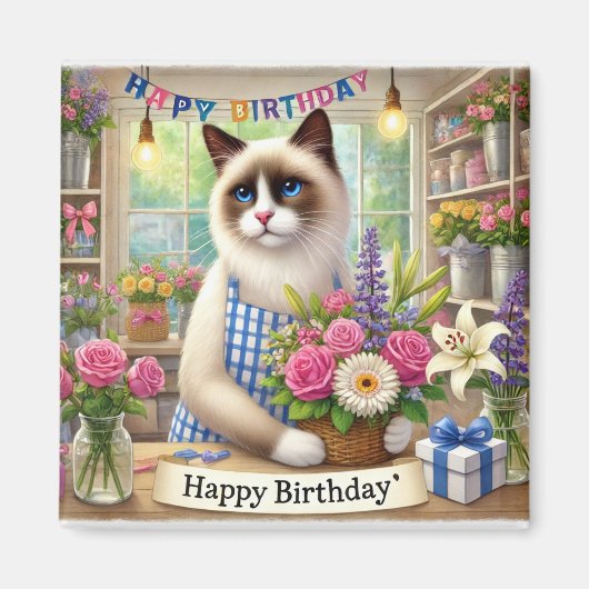 Katze mit Blume Happy Birthday Zeichen Magnet (Vorne)
