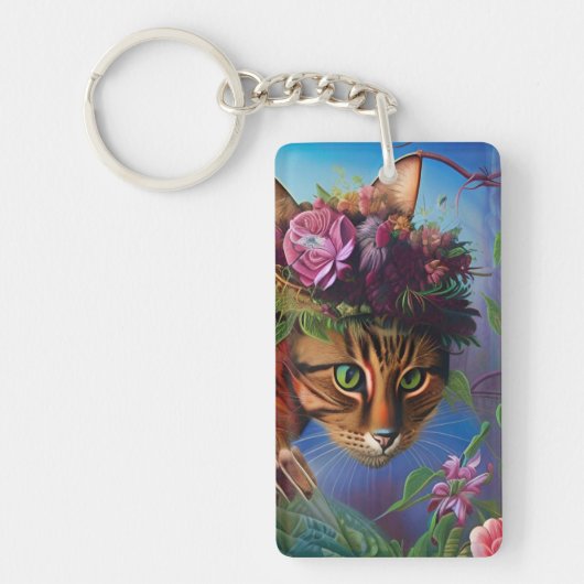 Katze mit Blume Hut Schlüsselanhänger (Vorderseite)