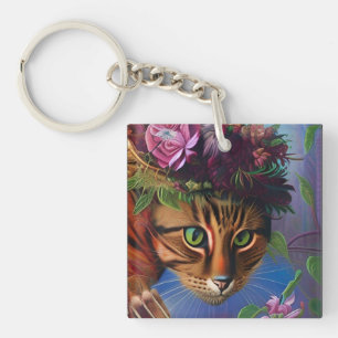 Katze mit Blume Hut Schlüsselanhänger