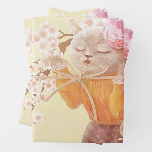 Katze mit Blume-Körbe singen Geschenkpapier Set (Beispiel)