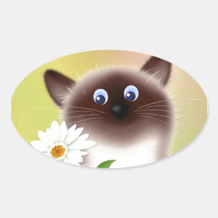 Katze mit Blume Ovaler Aufkleber