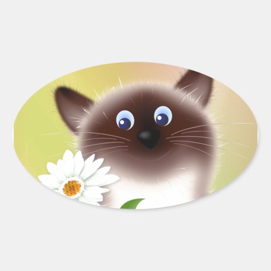 Katze mit Blume Ovaler Aufkleber (Vorderseite)