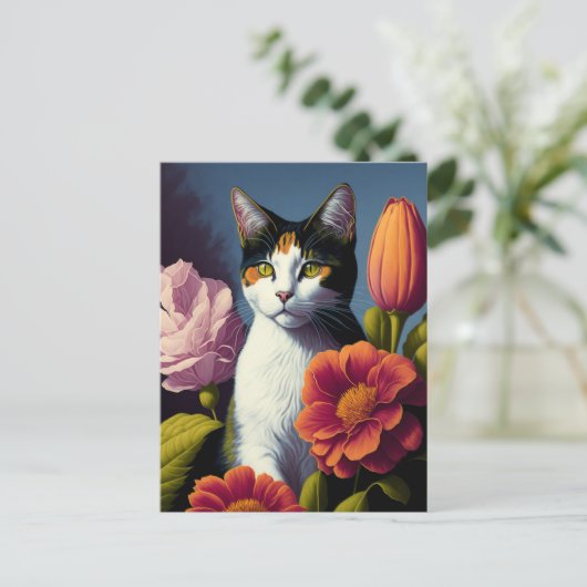 Katze mit Blume Postkarte (Stehend Vorderseite)