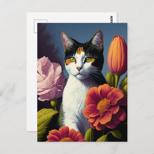 Katze mit Blume Postkarte (Vorne/Hinten)