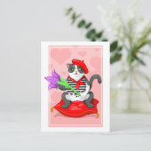 Katze mit Blume Postkarte (Stehend Vorderseite)