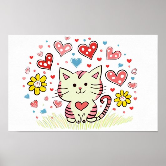 Katze mit Blume und Herzen Poster (Vorne)