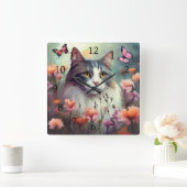 Katze mit Blume und Schmetterlingen Kat 701 Quadratische Wanduhr (Zuhause)