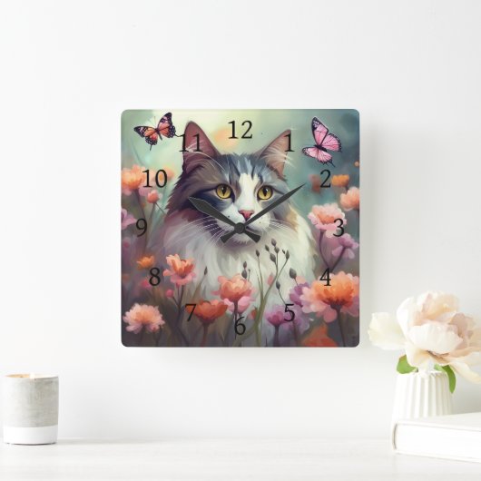 Katze mit Blume und Schmetterlingen Kat 701 Quadratische Wanduhr (Zuhause)